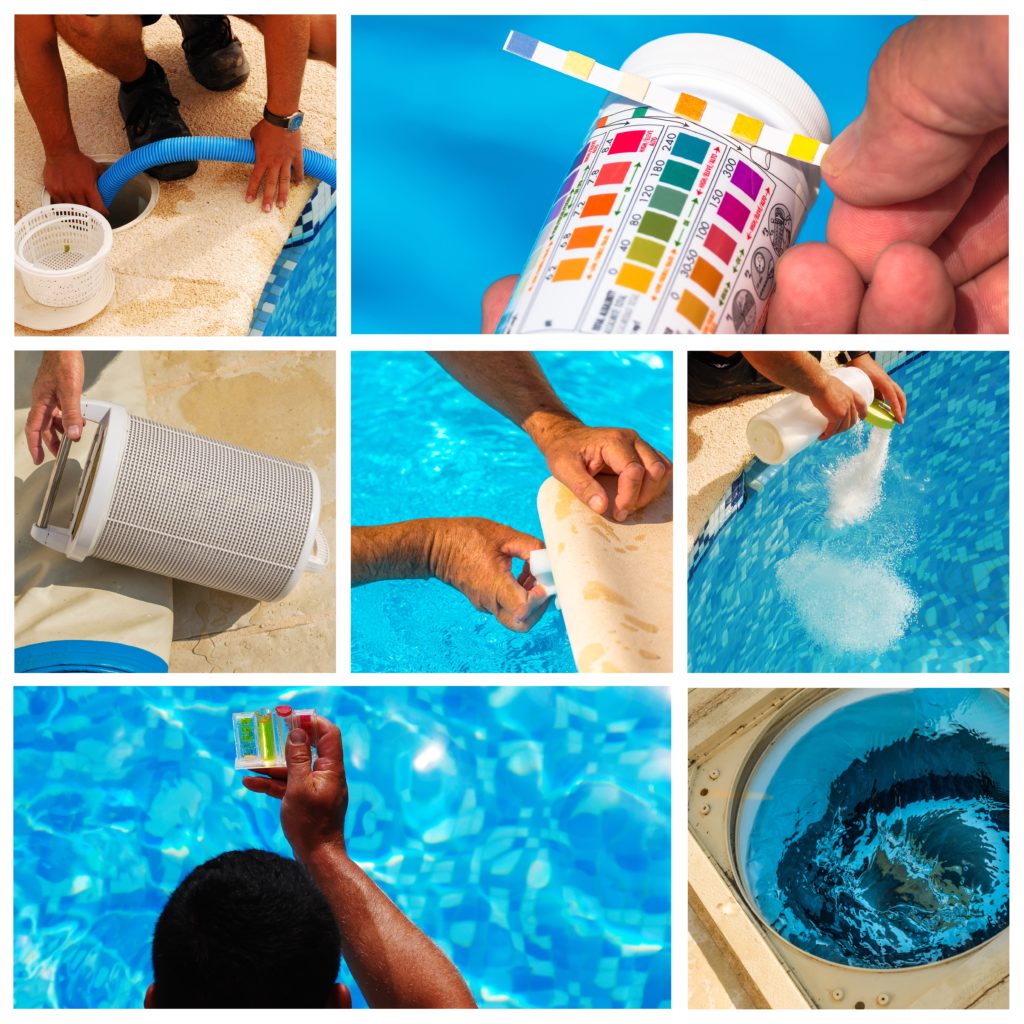Pool care equipment and supplies used for maintaining a clean and healthy swimming pool